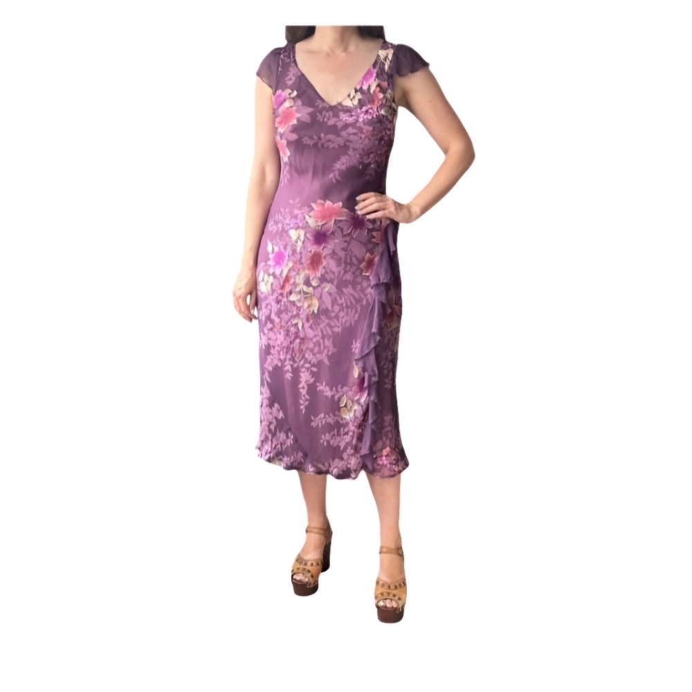 Monsoon 1990's Y2K Silk Blend Bias Cut Midi Ruffle Dress Size 6